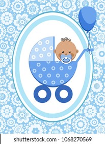 A little boy in a blue stroller. A blue ball is tied to the stroller. Color, flat card. Congratulation. Blue flowers on a blue field. 