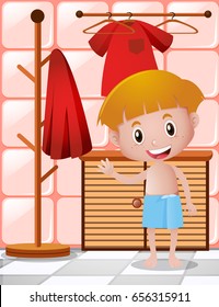 Little boy in blue towel illustration