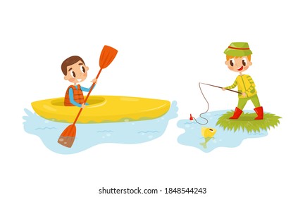 Little Boy Boating with Paddle and Fishing Vector Illustration Set