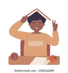 Little boy with book on head. Pupil having fun while studying vector illustration