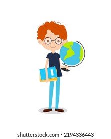 Little boy with books and globe. Back to school concept. Vector illustration