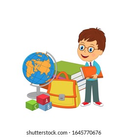 little boy with books, illustration,vector