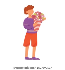 Little boy with bouquet flat vector illustration. Kid with present. Family holiday celebration. Mother day. Cute brunette son standing with flowers isolated cartoon character on white background