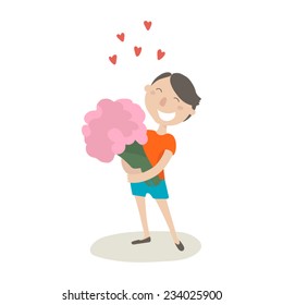 A little boy with bouquet of flowers, flat style illustration 