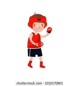 Little boy boxer in red uniform and boxing gloves, kids physical activity cartoon vector Illustration