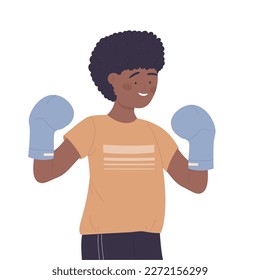 Little boy with boxing gloves. Fitness exercise, sport practicing program vector illustration