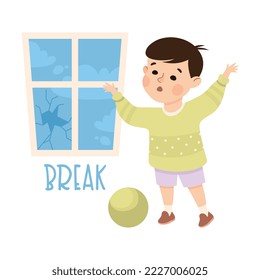 Little Boy Breaking Window with Ball Demonstrating Vocabulary and Verb Studying Vector Illustration