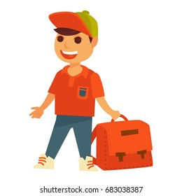 Little boy in bright clothes and cap holds backpack