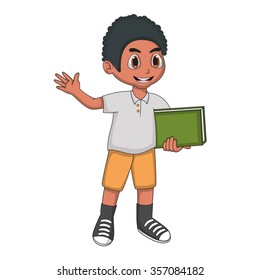 Little boy bring a book and waving his hand cartoon vector illustration