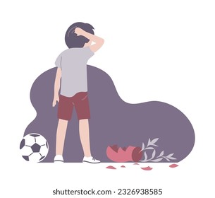 A little boy broke a glass vase with a soccer ball. Feelings of guilt and frustration. Cartoon vector illustration isolated on white background