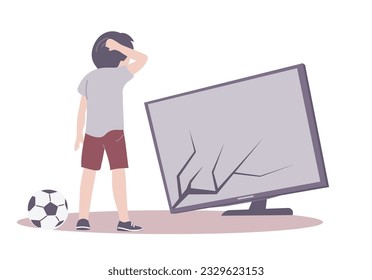 Little boy broke the TV with a soccer ball. Broken screen. Feelings of guilt and frustration. Cartoon vector illustration isolated on white background