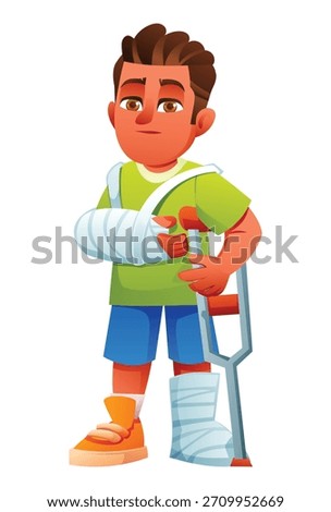 Little boy with broken arm and leg in casts, standing with a crutch. Vector cartoon illustration