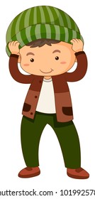 Little boy in brown jacket and green hat illustration