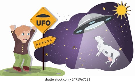 A little boy in a brown shirt stands next to a warning sign, against the background of a UFO that kidnaps a cow flat illustration