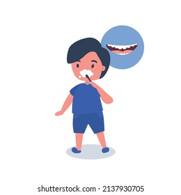 Un niño se cepilla los dientes con un cepillo de dientes. Cómo cepillar los dientes correctamente. La boca sonriente con dientes sanos. Higiene oral y procedimientos dentales. Ilustración vectorial en estilo plano.