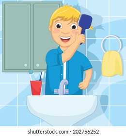 Little Boy Brushing Hair Vector Illustration