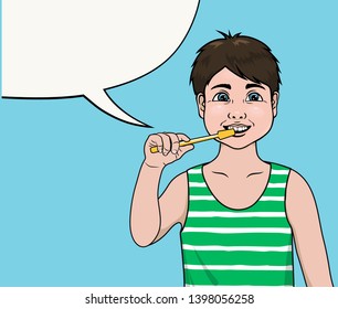 Little boy brushing his teeth. Blank speech bubble.
Blue background. 
Vector illustration in comic style.