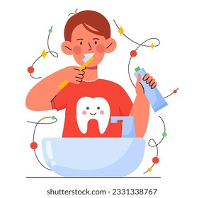 Niñito cepillando su concepto de dientes. Adolescente con cepillo etético y pasta etética. Higiene oral y cuidado de la salud, limpieza dental. Niños cuidando la salud. Dibujo vectorial plano de dibujos animados