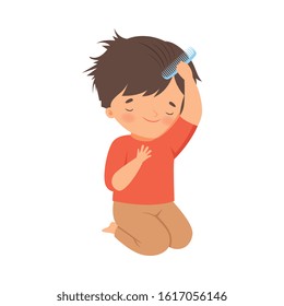 Little Boy Brushing His Wet Hair with Comb Vector Illustration