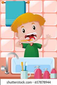Little boy brushing teeth in bathroom illustration