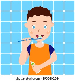 Little boy brushing teeth, kids oral hygiene. Vector illustration.