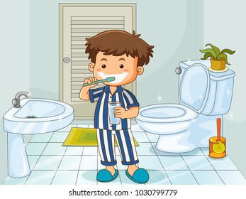 Little boy brushing teeth in toilet illustration