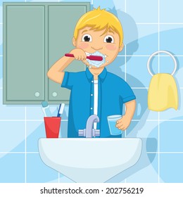 Little Boy Brushing Teeth Vector Illustration