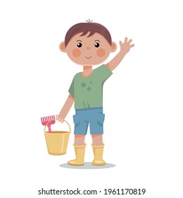 
A little boy with a bucket and a rake. Funny characters isolate on white background. Vector illustration.