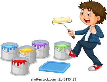 Little boy with buckets of paints illustration