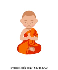 Little boy buddhist monk in the orange robe praying. Vector flat illustration. Lotus position.