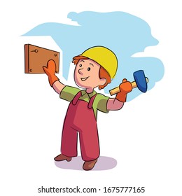 Little boy builder in helmet and uniform hammering nail on wooden board. Young construction worker character. Workshop or master class. Dream job. Future occupation. Vector illustration