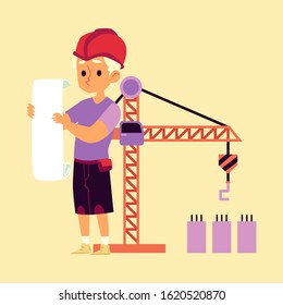 Little boy in builder uniform reading construction plan. Tower crane machine and building equipment with cartoon kid as a serious worker, future job practice - isolated flat vector illustration