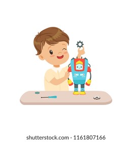 Little boy building a robot, robotics and programming for kids, educational project concept vector Illustration on a white background
