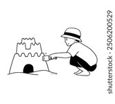 Little boy building sand castle on beach handdrawn illustration