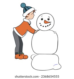 Little boy building snowman. Child embracing snowman. Active outdoors leisure with in winter. Kid during stroll in a snowy 
