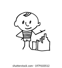 A little boy built a castle. Stick figure. A hand-drawn character. Vector doodle illustration.