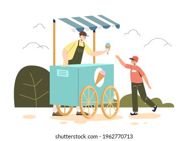 Little boy buys ice cream at outdoor kiosk cart. Cute child eats summer dessert while walking in park. Portable ice-cream truck concept. Cartoon flat vector illustration