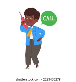 Little Boy Calling with Phone Learning English Word Vector Illustration