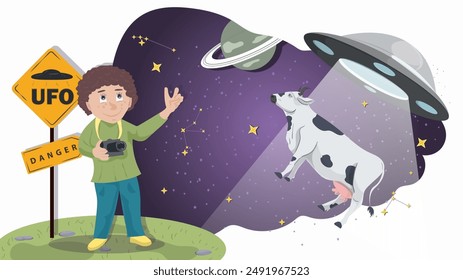 A little boy with a camera stands next to a warning sign, against the background of a UFO that kidnaps a cow flat illustration