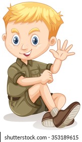 Little boy in camping outfit waving illustration