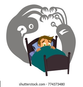 Little boy can not sleep because has fear in the night.Vector illustration in a flat style.