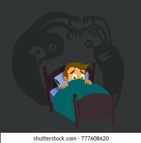 Little boy can not sleep because has fear in the night.Vector illustration in a flat style.