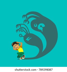 Little boy can not sleep because has fear in the night.Vector illustration in a flat style.