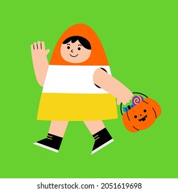 Little boy in Candy costume with pumpkin basket for Trick or Treat on white background. Happy Halloween Concept. 