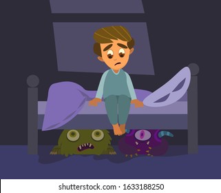 A Little Boy Can't Sleep Because He Has Fear In The Night.Vector Illustration In Flat Style.