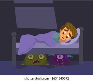 A Little Boy Can't Sleep Because He Has Fear In The Night.Vector Illustration In Flat Style.