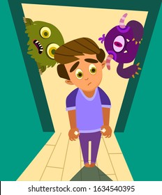 A Little Boy Can't Sleep Because He Has Fear In The Night.Vector Illustration In Flat Style.