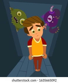 A Little Boy Can't Sleep Because He Has Fear In The Night.Vector Illustration In Flat Style.