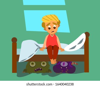 A Little Boy Can't Sleep Because He Has Fear In The Night.Vector Illustration In Flat Style.