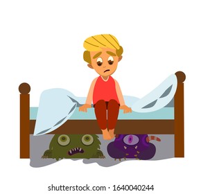 A Little Boy Can't Sleep Because He Has Fear In The Night.Vector Illustration In Flat Style.